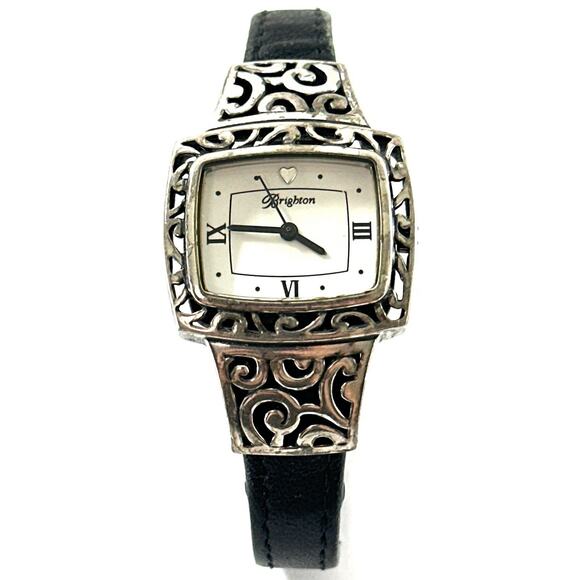 Brighton Women’s Watch Montenegro Silver Scroll Case Black Leather Band Works - Picture 1 of 6